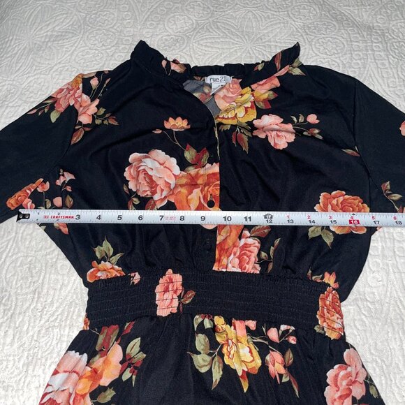 rue21 Black Peach Pink Green Floral Long Sleeved Elastic Waist Dress Size M‎ - Picture 6 of 7